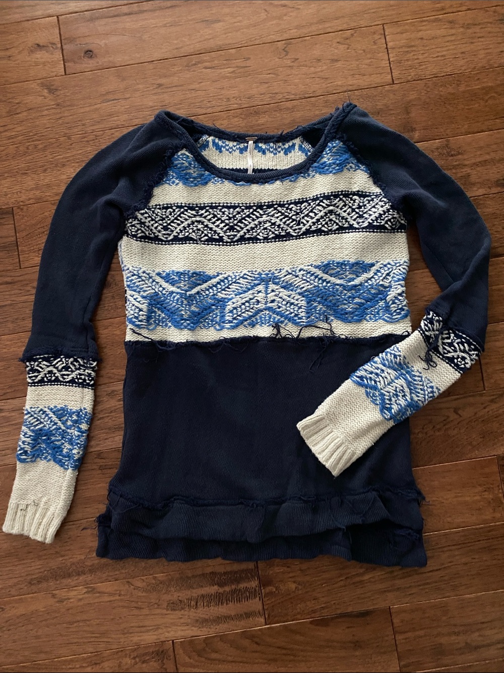 Free People Navy and Cream Fair Isle Knit Pullover with Blue Accents